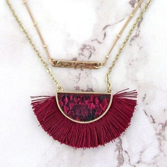 Gold Bar Layered Necklace with Snakeskin and Fringe - Picture 6 of 6